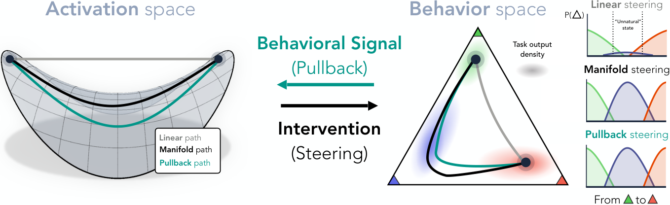 Activation space and behavior space connected by intervention and behavioral pullback. Straight paths cut across the curved activation manifold, while manifold and behavior-aware paths follow it and yield smoother output distributions.
