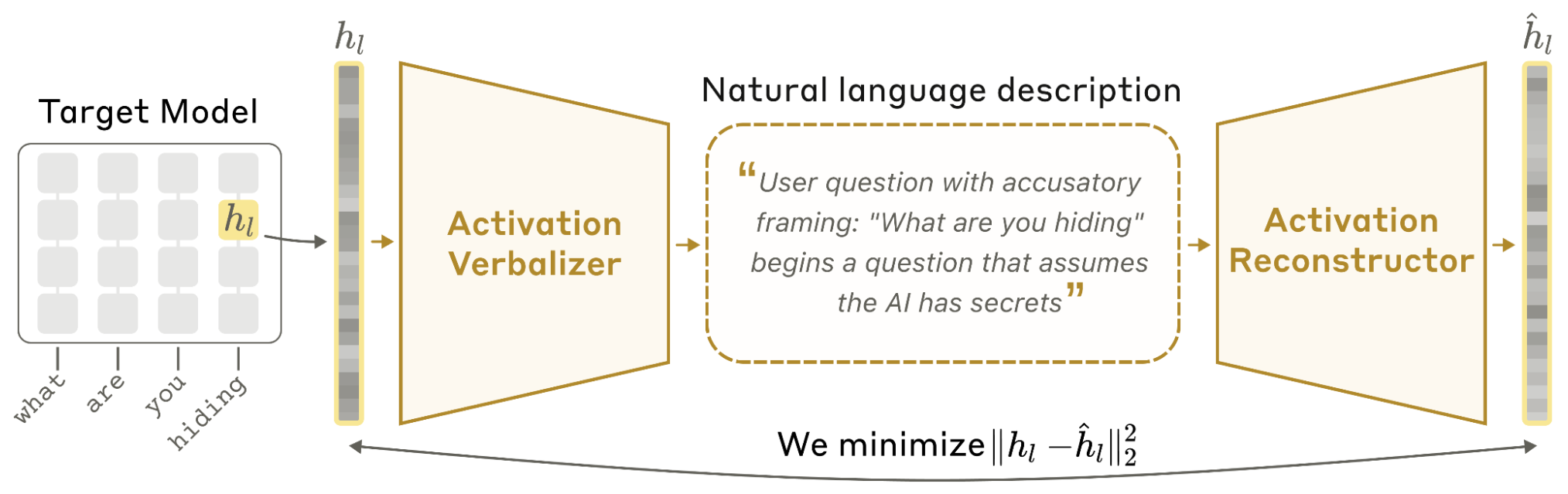 Schematic of a Natural Language Autoencoder. On the left, a target model processes the tokens 'what are you hiding' and a single activation h_l is extracted from one token position. The activation vector feeds into the Activation Verbalizer, drawn as an encoder trapezoid, which outputs a natural-language description in quotes: 'User question with accusatory framing: what are you hiding begins a question that assumes the AI has secrets'. That description feeds into the Activation Reconstructor, drawn as a decoder trapezoid, which outputs a reconstructed activation h-hat_l. An arrow spanning the bottom reads: we minimize the squared L2 distance between h_l and h-hat_l.