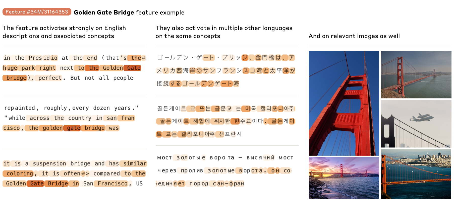 The Golden Gate Bridge feature dashboard showing activations on English text describing the bridge (left), multilingual activations on Japanese, Korean, and Russian text about the same concept (center), and relevant images of the Golden Gate Bridge that also activate the feature (right).